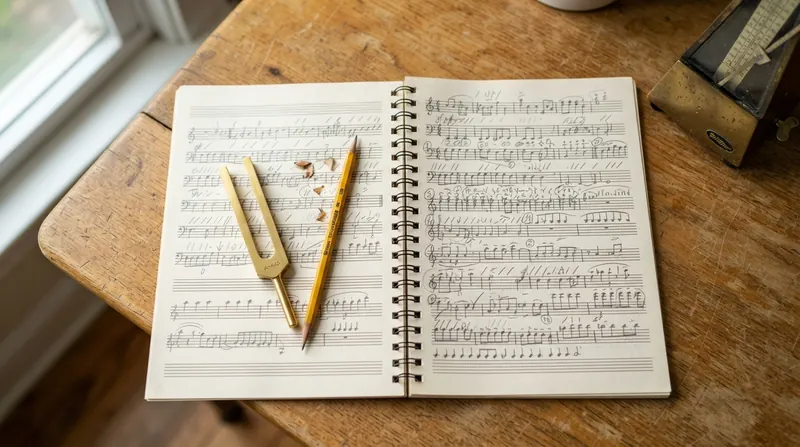 An open notebook of music manuscript paper with handwritten pencil marks along the staves, a brass tuning fork and a pencil resting on the page on a wooden table