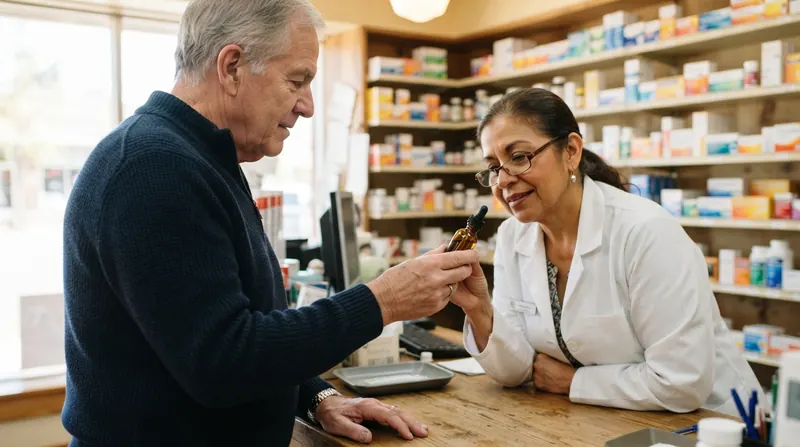A pharmacist in a white coat reading the side label of a small amber bottle held out by an older man in a navy sweater at a neighborhood pharmacy counter