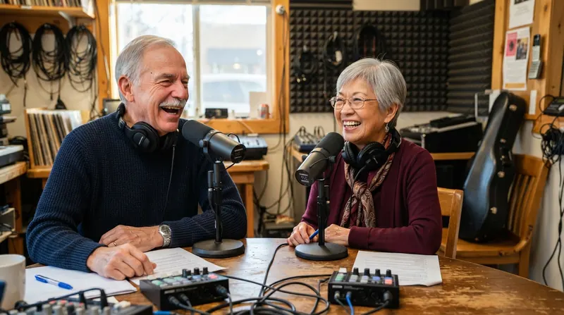 An older man and an older Asian American woman laughing together at microphones in a small community radio studio with headphones around their necks and a viola case on a chair