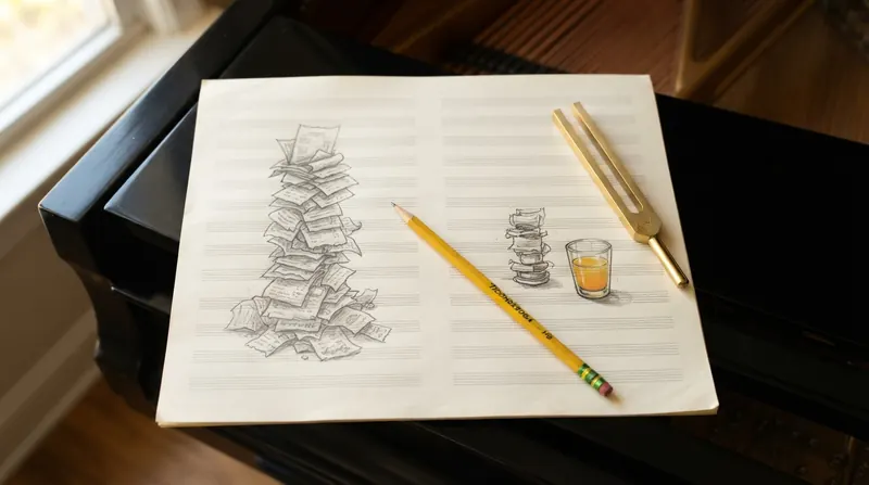 A hand-drawn pencil sketch on music manuscript paper of a tall stack of small receipts beside a single small juice glass, with a brass tuning fork resting on the page