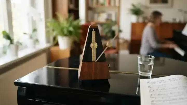 Close-up of a brass and black pyramid metronome with its pendulum swinging on top of an upright piano in morning light