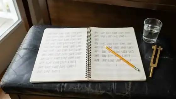 An open music manuscript notebook on a piano bench with pencil tally marks grouped in fives on the staves beside a juice glass of water and a brass tuning fork